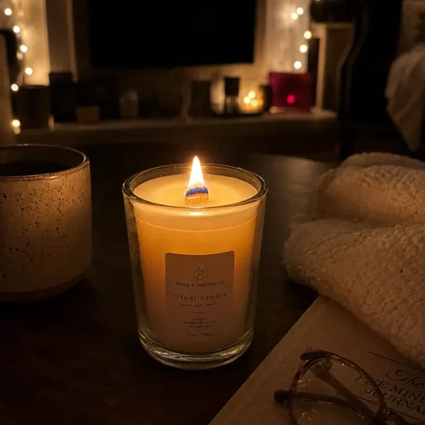 cozy night in with a lit Soak & Soothe Co candle 7oz