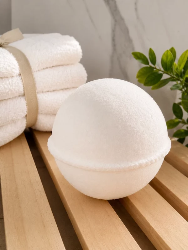single bath bomb on wooden bath tray next to towels