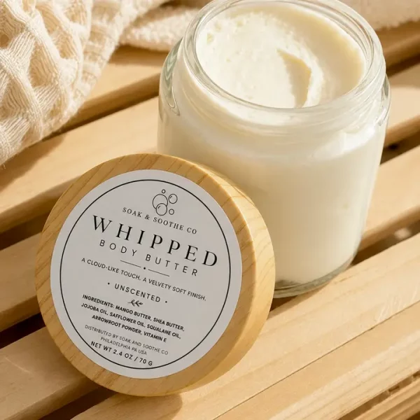 open jar of whipped body butter on wooden bath tray