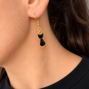 Black Cat Earrings on Ear