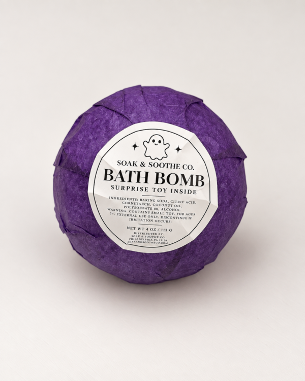 Single Halloween Bath Bomb w toy purple up close
