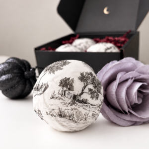 halloween bath bomb wrapped in b and w