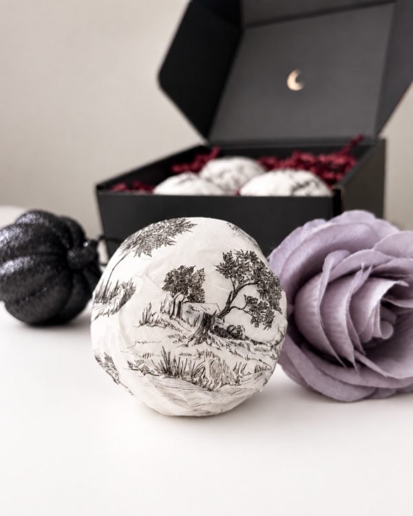 halloween bath bomb wrapped in b and w